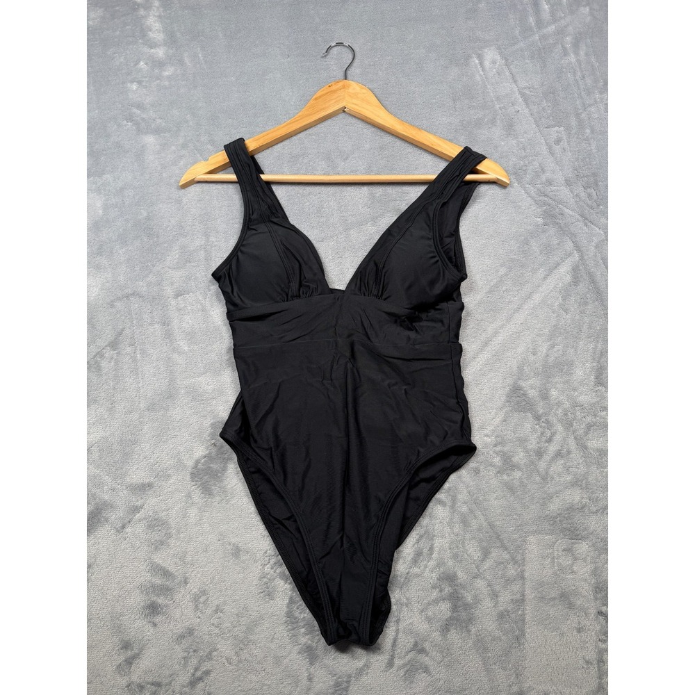 Quince One-Piece Swimsuit Women XS Black Stretch Gathered Cup Detail Plunge Neck